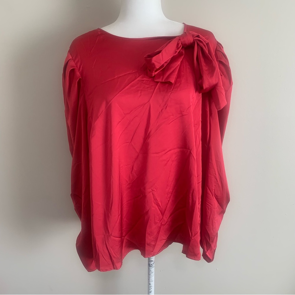 Eloquii Satin Long Sleeve Bow Gathered Blouse - Picture 1 of 10